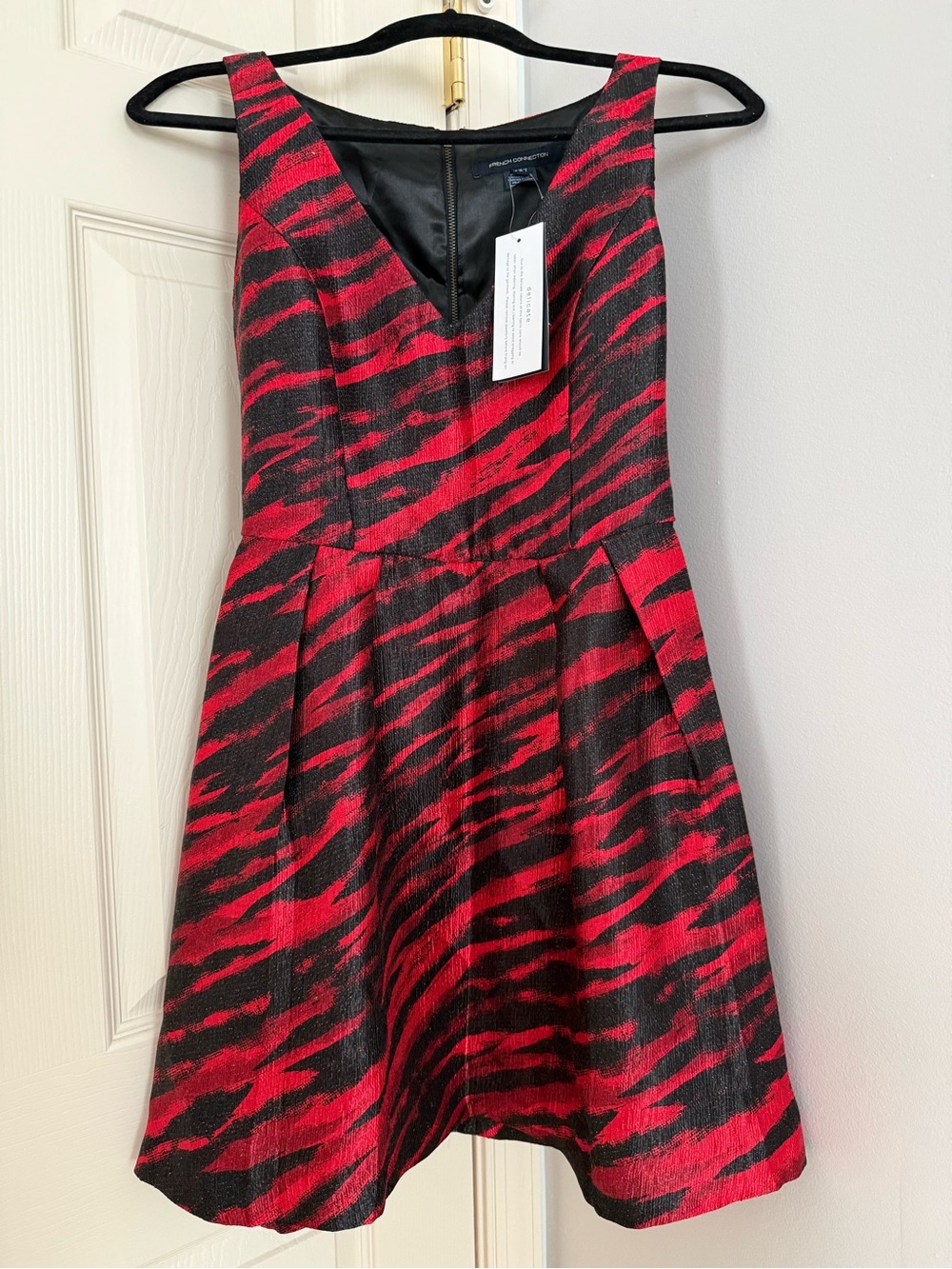 French Connection Red and Black Patterned Sleeveless Fit-and-Flare Dress